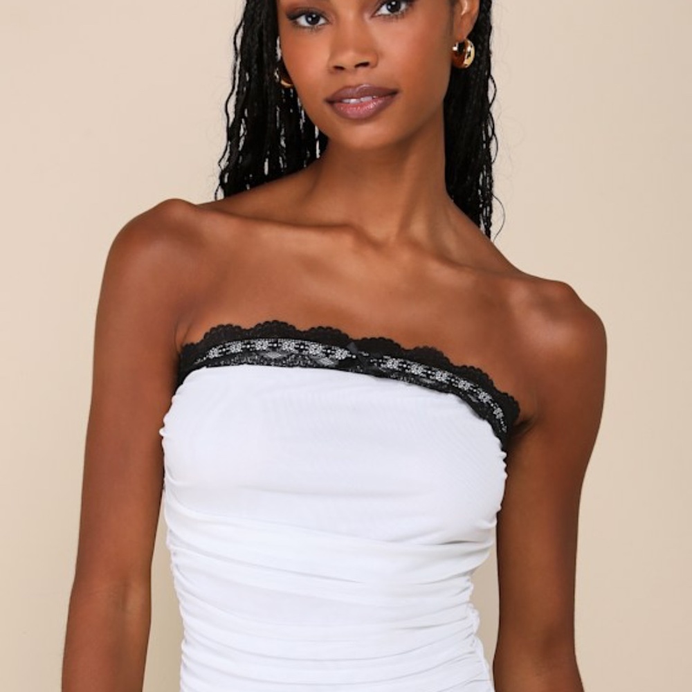 Lulus Flirty Excellence White Mesh Lace Ruched Strapless Top - Size S